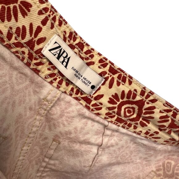 ZARA Marine Straight Jeans Wide Leg Ecru & Brick Red Print Raw Hem Size 4 - Picture 4 of 9